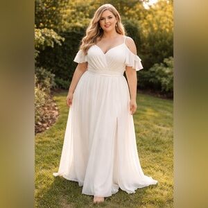 👗 White Off-Shoulder Chiffon Gown – Size 24